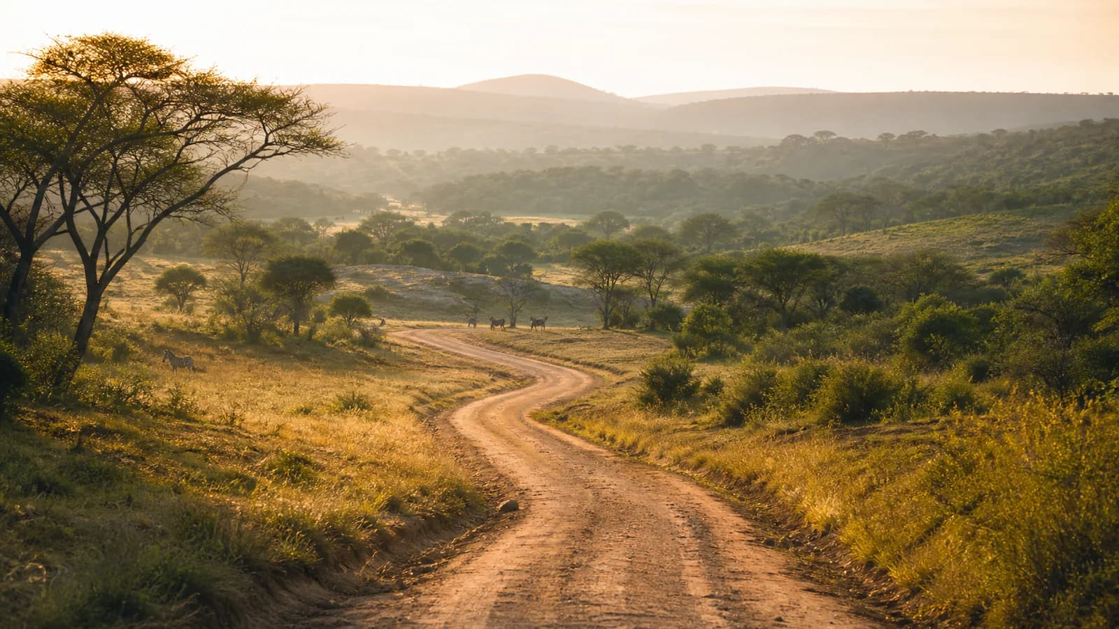 Pista da safari che attraversa un paesaggio africano tra colline e savana