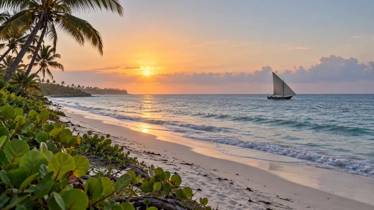 Dhow naviga al largo di una costa tropicale dell'Africa orientale al tramonto.