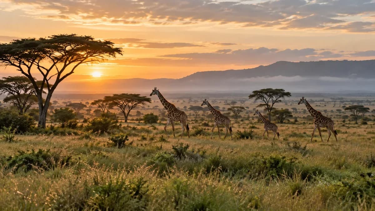 Giraffe attraversano una savana dell'Africa orientale mentre il sole sorge all'orizzonte.
