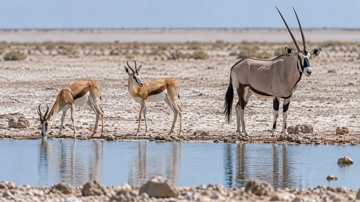 Antilopi e orici sostano vicino a una pozza d'acqua in un paesaggio arido.