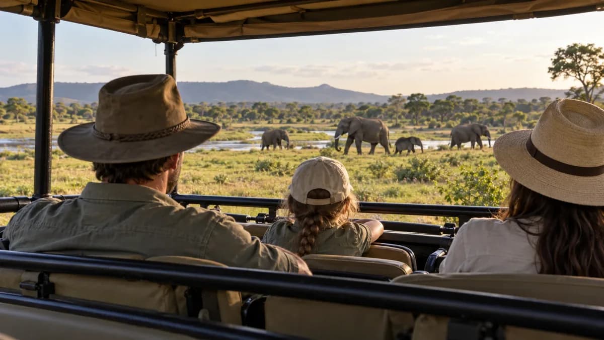 Famiglia seduta in un veicolo da safari osserva elefanti a distanza.