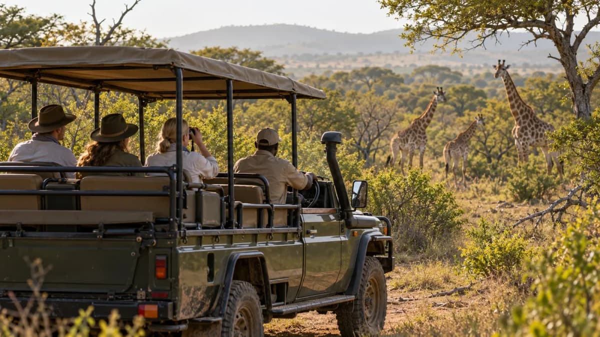 Ospiti e guida osservano giraffe da un veicolo safari aperto.