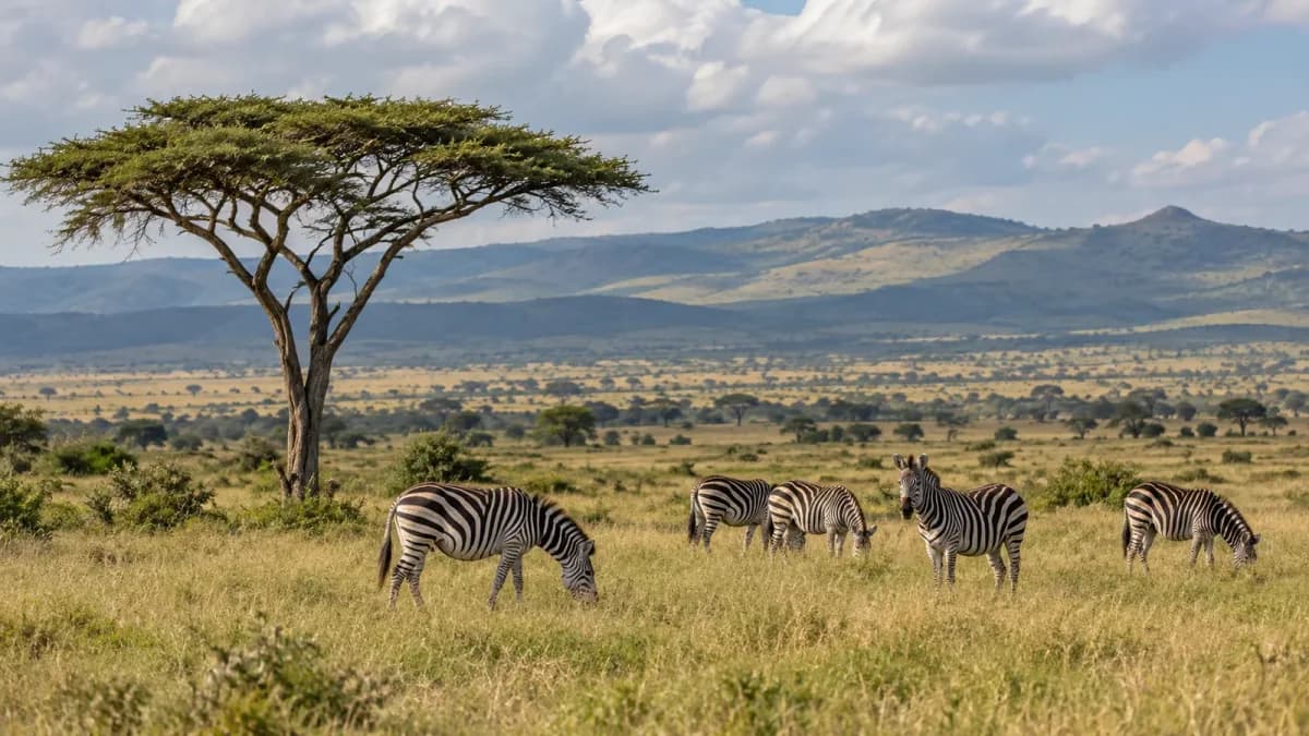 Zebre pascolano su una pianura aperta sotto la chioma di un'acacia.