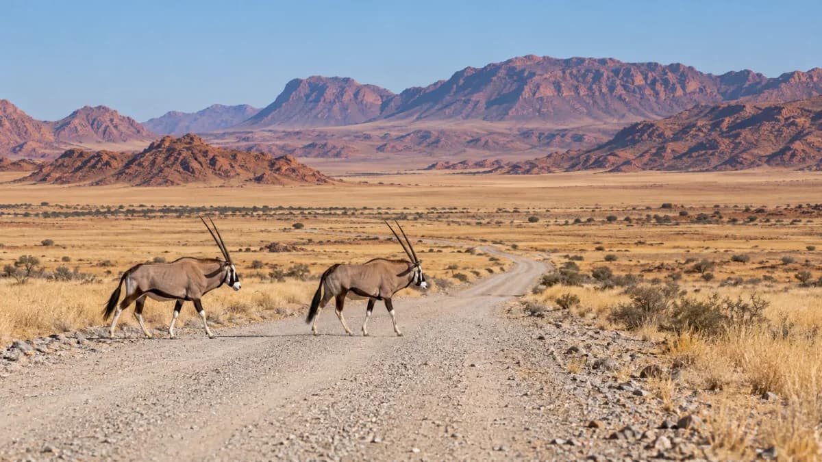 Due orici attraversano una pista di ghiaia in un paesaggio arido della Namibia.