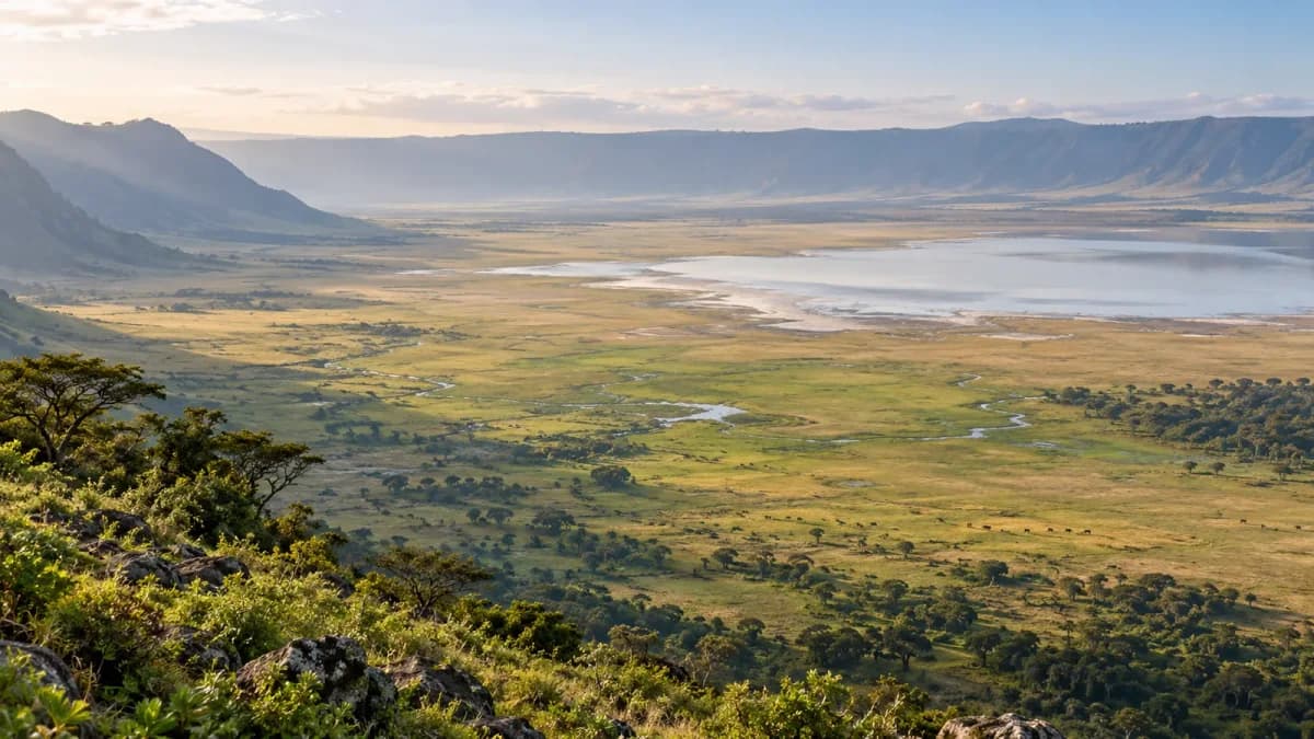 Vista ampia su una caldera africana con praterie e un lago in lontananza.