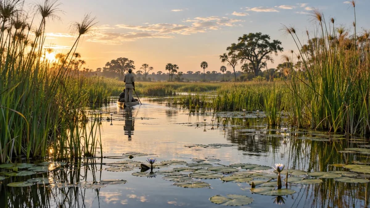 Guida e viaggiatore attraversano in mokoro un canale bordato di papiri.