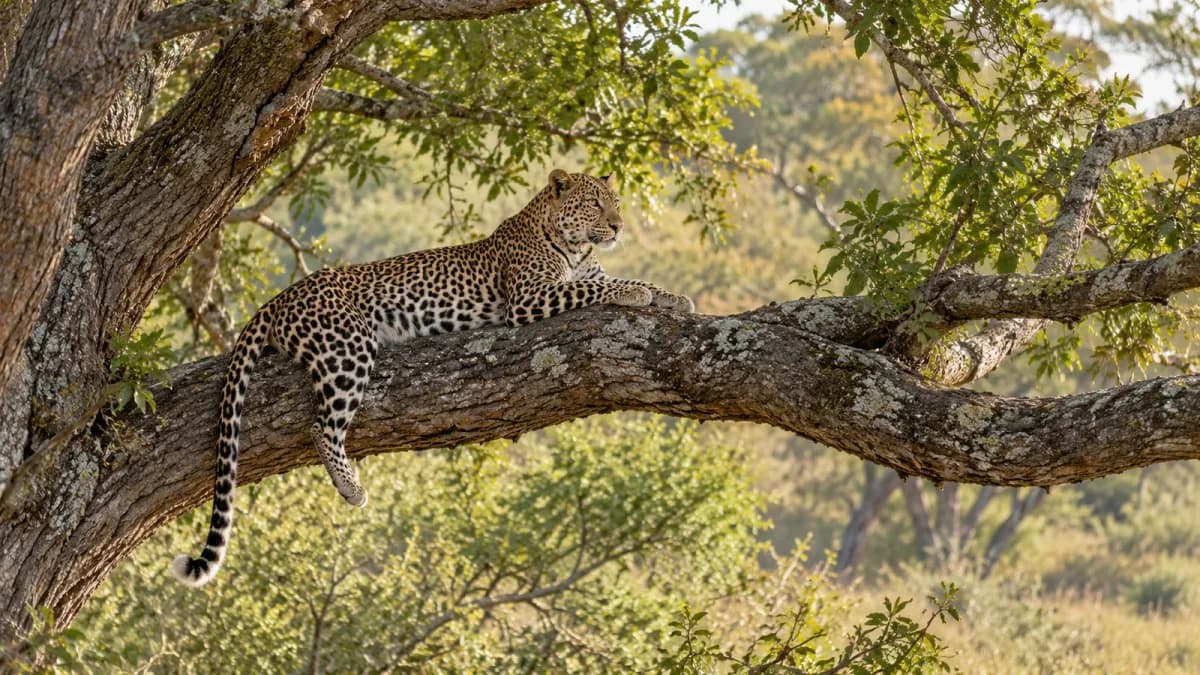 Leopardo riposa su un ramo nella vegetazione della boscaglia africana.