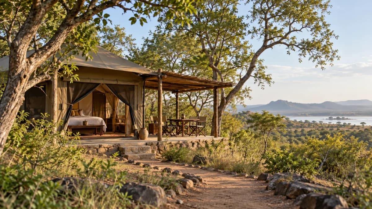 Tenda safari e veranda in una radura affacciata su un paesaggio africano.