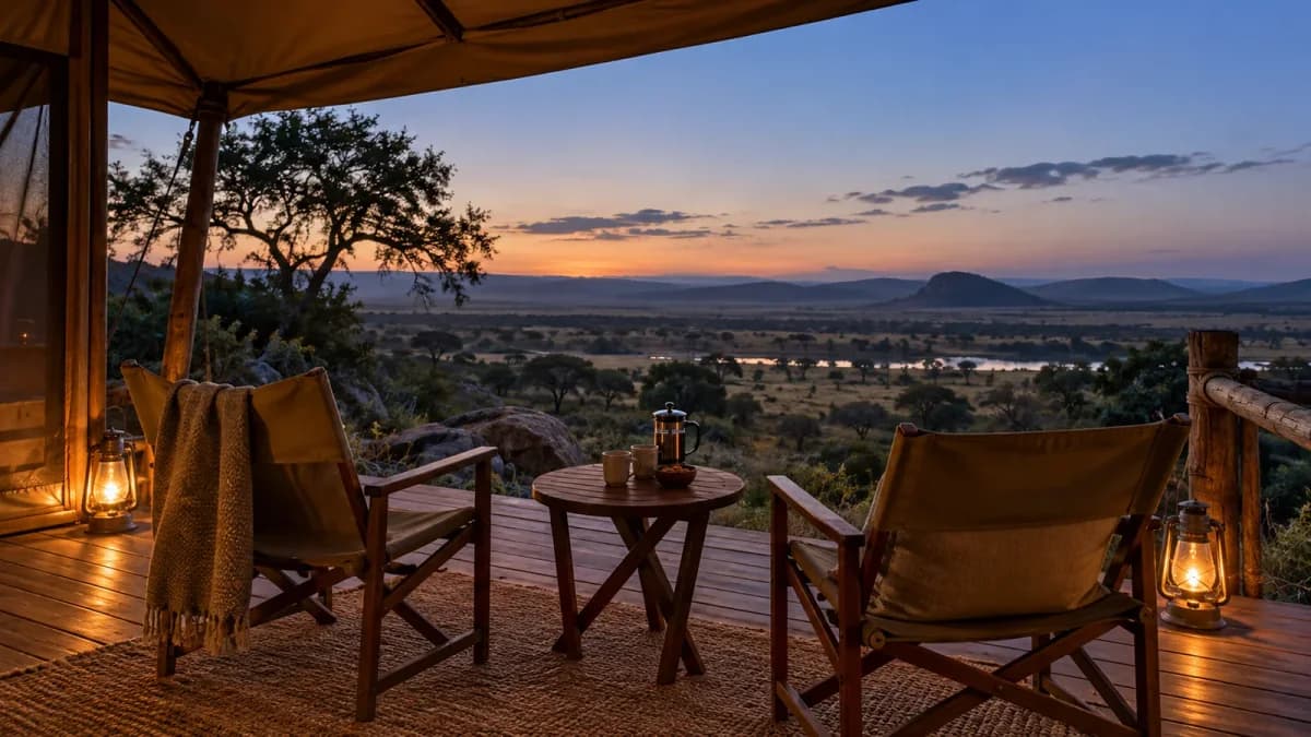 Veranda di una tenda safari con due sedie affacciate sulla savana al tramonto.