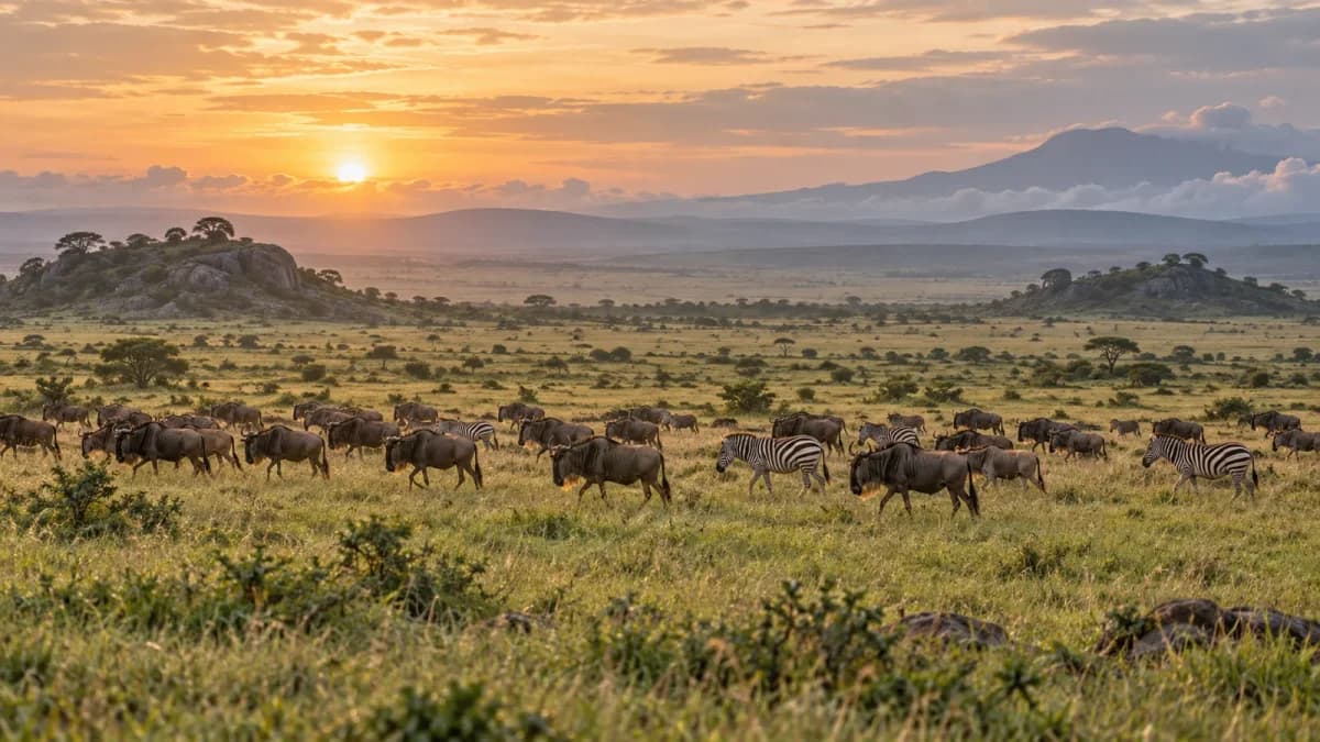 Mandria di gnu e zebre attraversa una pianura erbosa all'alba.