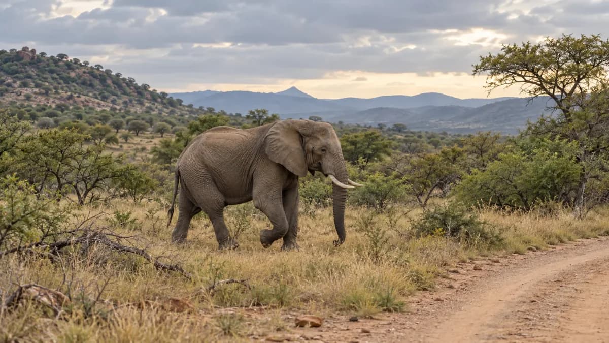 Elefante africano attraversa un tratto aperto di bushveld vicino a una pista.