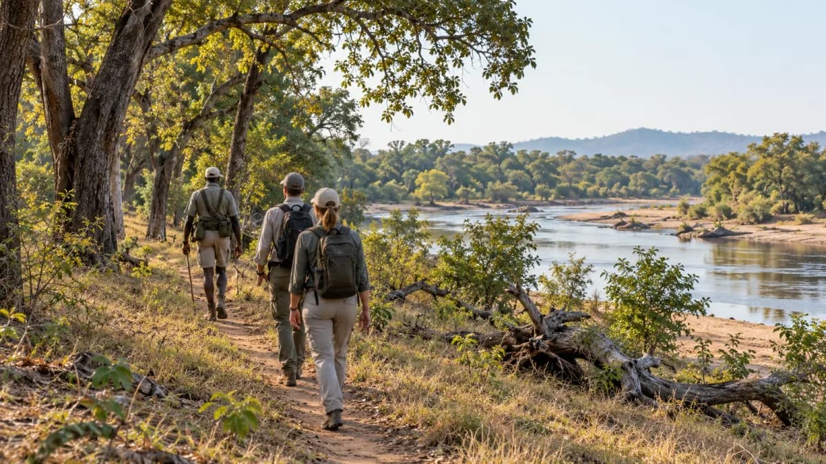 Guida e viaggiatori camminano su un sentiero lungo un fiume africano.