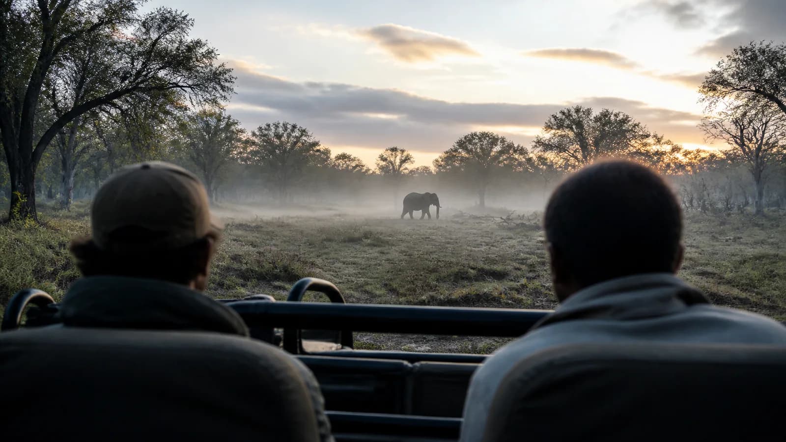 Due viaggiatori osservano un elefante in lontananza da un veicolo safari