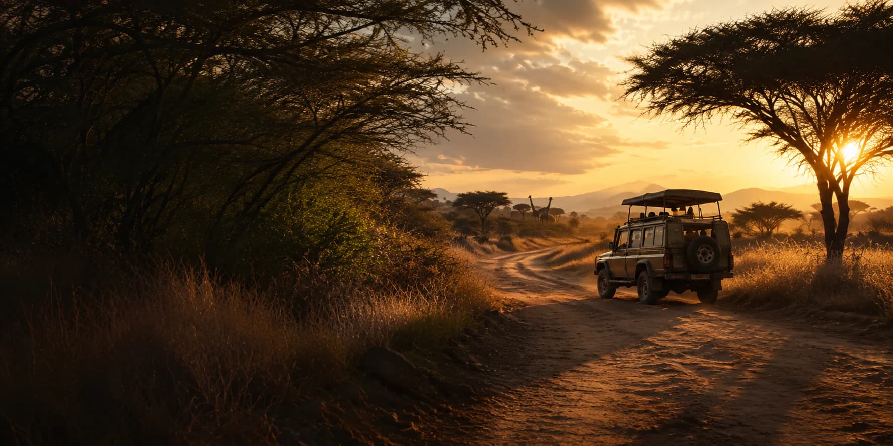 Veicolo safari su una strada nella savana africana al tramonto