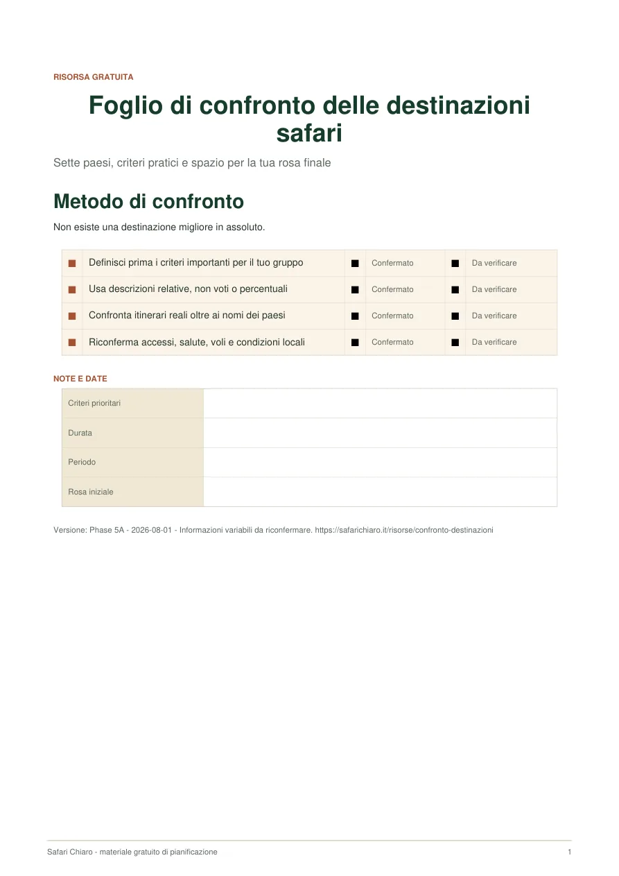 Anteprima di Foglio di confronto delle destinazioni
