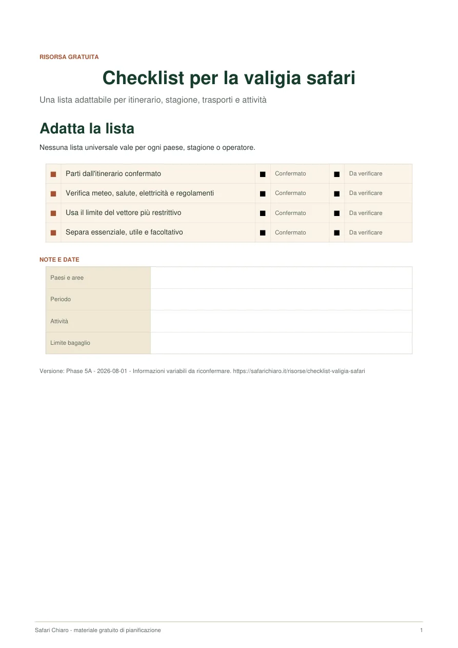 Anteprima di Checklist per la valigia safari